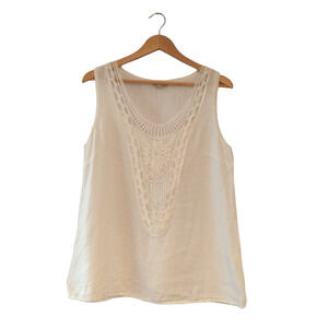 Ambra Women's Italian Made White Linen Shell Tank Large Dainty Lace Classic